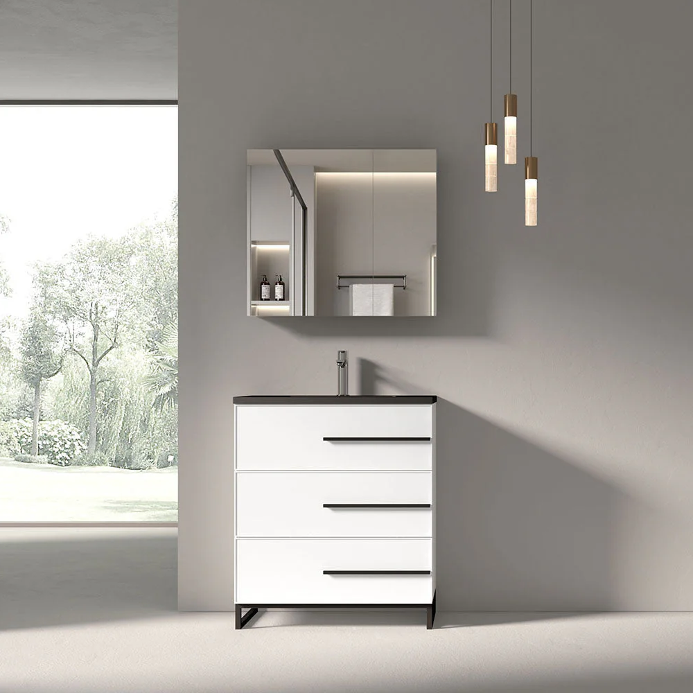 30" W Freestanding White Vanity Matte Black Sand Sink Top | LessCare